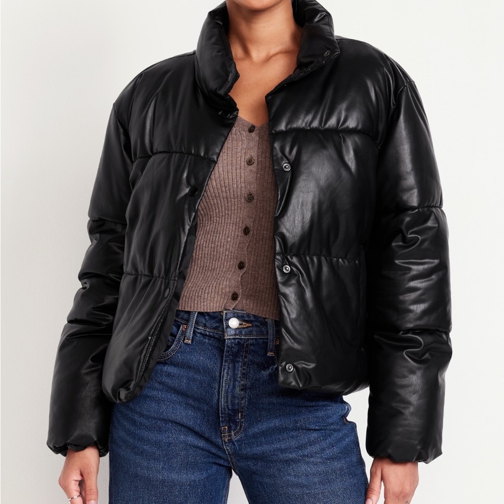 Black leather puffer jacket